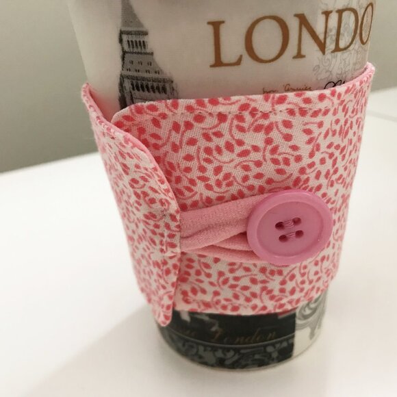 Handmade Fabric Coffee Cozy - Reusable Coffee Cup Sleeve, Pink Floral, Beverage - Picture 3 of 5